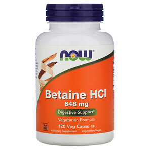 NOW Betaine HCI 648 мг 120 капс (триметилглицин, пробиотик)